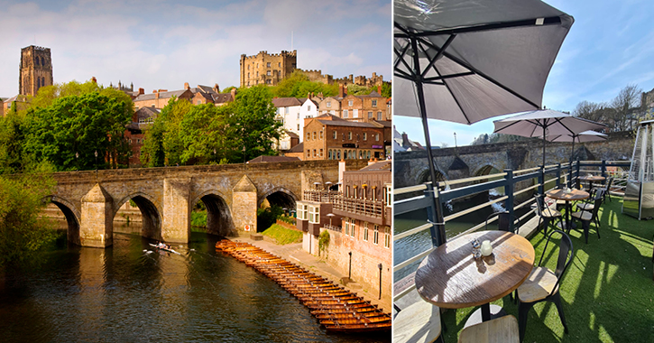 view of Durham City Elvet Bridge from The Boat Club outdoor seating area